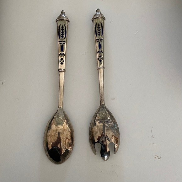 Vintage Silver Salad‎ Serving Set Spoon and Fork with Blue Enamel Accents ~10.5\